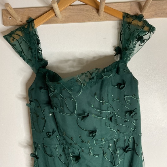 Dessy Collection Off-Shoulder A-Line 3D Floral Embroidered Evergreen Maxi Dress - Picture 5 of 11